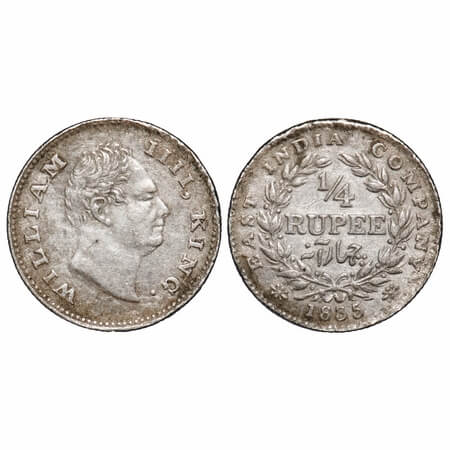 William IV, Silver, 1/4 Rupee, 1835, Calcutta Mint, A/II, 'F' incused, Large & thick size 