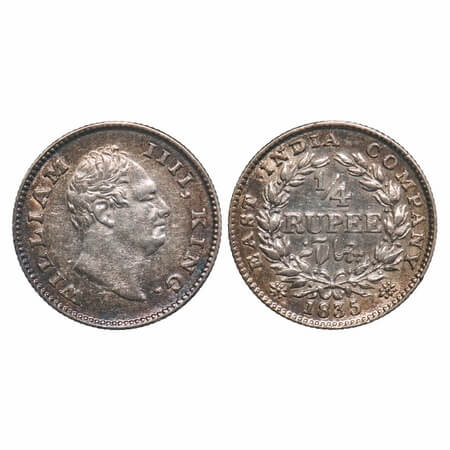 William IV, Silver, 1/4 Rupee, 1835, Calcutta Mint, A/II, Dugout f, Small dugout f, Large 