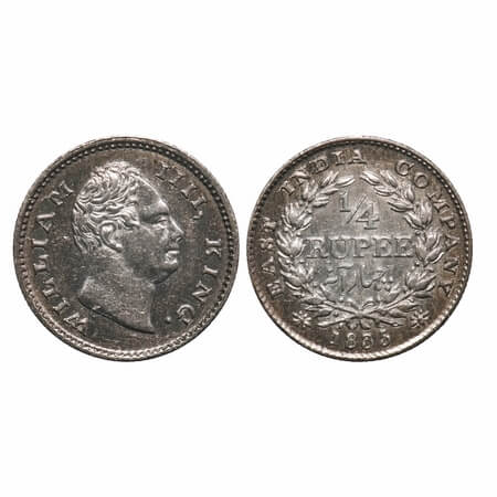 William IV, Silver, 1/4 Rupee, 1835, Calcutta Mint, A/II, Dugout f, Large dugout f, Large 