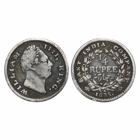 William IV, Silver, 1/4 Rupee, 1835, Calcutta Mint, A/III, Dugout f, Small dugout f, Large