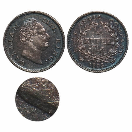 William IV, Silver, 1/4 Rupee, 1835, Calcutta Mint, A/III, 'F' raised, Large & thick size 