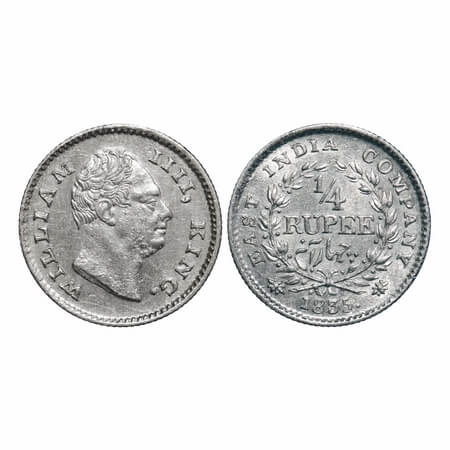 William IV, Silver, 1/4 Rupee, 1835, Calcutta Mint, A/III, 'F' raised, Large & thick size 