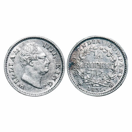 William IV, Silver, 1/4 Rupee, 1835, Bombay Mint, A/I, No initials, Large & thick size let