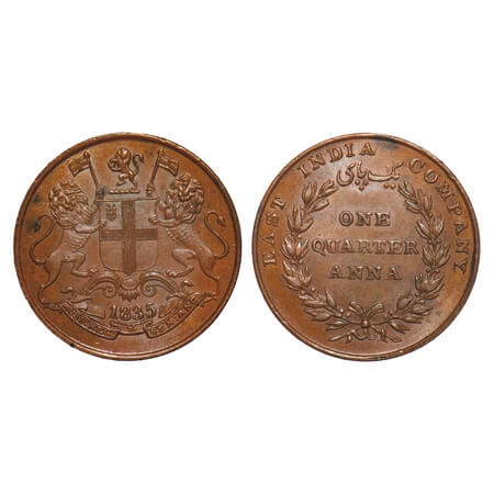 William IV, Copper, Quarter Anna, 1835, Bombay Mint, A/I(i), Wreath with 18 Berries (9L +