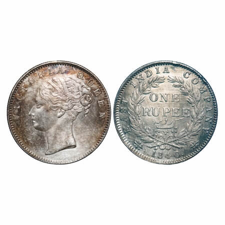 Victoria Queen, Silver, Rupee, 1840, CL, Calcutta Mint, A/I, English Head, Top tips of the