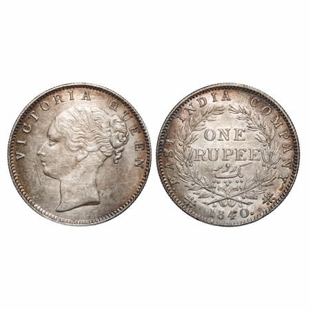 Victoria Queen, Silver, Rupee, 1840, CL, Calcutta Mint, A/I, English Head, Top tips of the