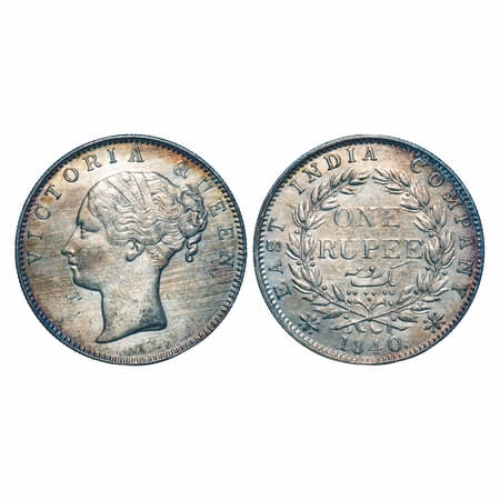 Victoria Queen, Silver, Rupee, 1840, CL, Calcutta Mint, A/I, English Head, Top tips of the