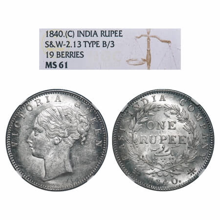 Victoria Queen, Silver, Rupee, 1840, CL, Calcutta Mint, A/I, English Head, Top tips of the