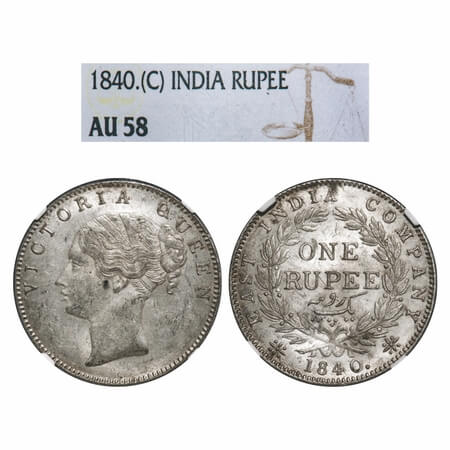 Victoria Queen, Silver, Rupee, 1840, CL, Calcutta Mint, A/I, English Head, Top tips of the