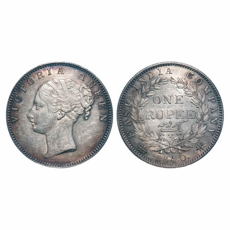 Victoria Queen, Silver, Rupee, 1840, CL, Calcutta Mint, A/I, English Head, Top tips of wre