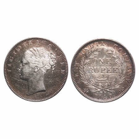 Victoria Queen, Silver, Rupee, 1840, CL, Calcutta Mint, A/I, English Head, Top tips of wre