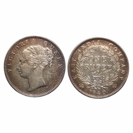 Victoria Queen, Silver, Rupee, 1840, CL, Bombay Mint, A/I, English Head, Top tips of the w