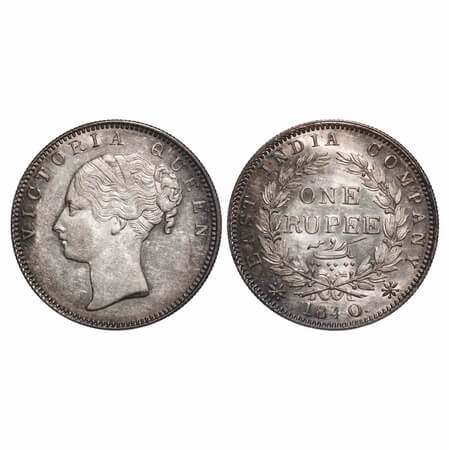 Victoria Queen, Silver, Rupee, 1840, CL, Bombay Mint, A/I(i), English Head, Top tips of th