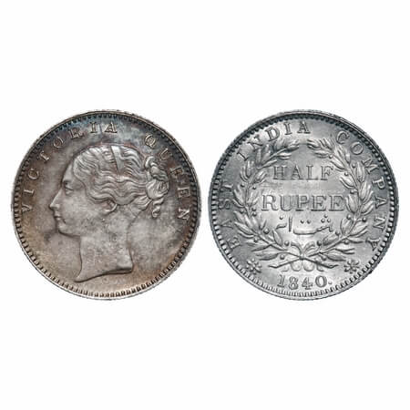 Victoria Queen, Silver, Half Rupee, 1840, CL, Calcutta Mint, A/I. F. Prid 73. GK 119. Abou