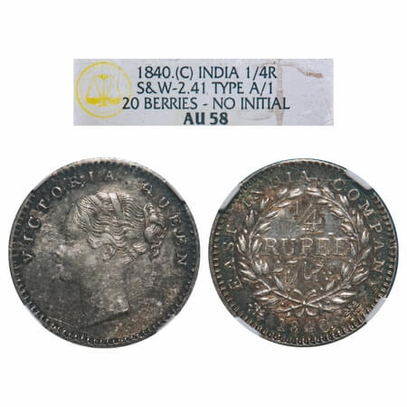Victoria Queen, Silver, 1/4 Rupee, 1840, CL, Calcutta Mint, A/I, English Head, Wreath with