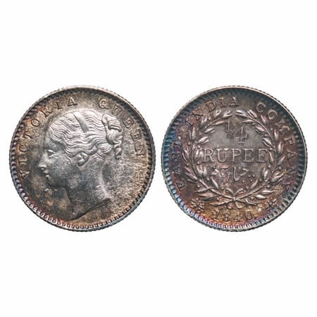 Victoria Queen, Silver, 1/4 Rupee, 1840, CL, Calcutta Mint, A/I, English Head , Wreath wit