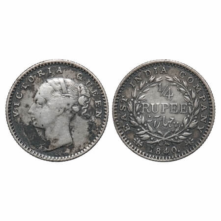 Victoria Queen, Silver, 1/4 Rupee, 1840, CL, Calcutta Mint, A/I, English Head , Wreath wit