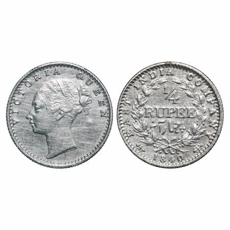 Victoria Queen, Silver, 1/4 Rupee, 1840, CL, Calcutta Mint, C/II, Indian Head, Wreath with