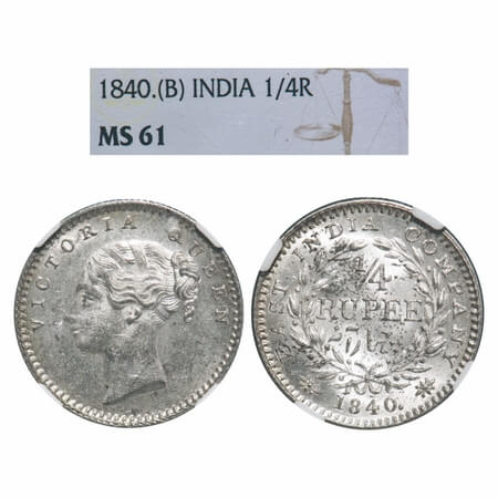 Victoria Queen, Silver, 1/4 Rupee, 1840, CL, Bombay Mint, A(b)/I, English Head with single