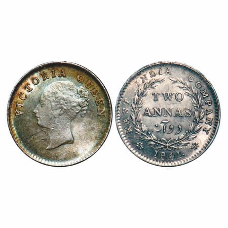 Victoria Queen, Silver, 2 Annas, 1841, CL, Calcutta Mint, A(a)/I, Plain edge, Numeral 4 wi