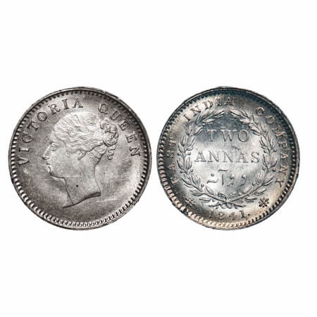 Victoria Queen, Silver, 2 Annas, 1841, CL, Calcutta Mint, A(a)/I, Plain edge, Numeral 4 wi
