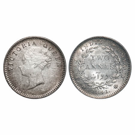 Victoria Queen, Silver, 2 Annas, 1841, CL, Calcutta Mint, A(a)/I, Plain edge, Curl of hair