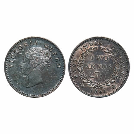 Victoria Queen, Silver, 2 Annas, 1841, CL, Calcutta Mint, A(a)/I, Plain edge, Curl of hair