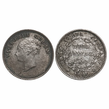Victoria Queen, Silver, 2 Annas, 1841, CL, Madras Mint, A(a)/I, 'S' incused, Plain edge. F
