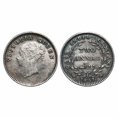Victoria Queen, Silver, 2 Annas, 1841, CL, Madras Mint, A(a)/I, 'S' incused, Plain edge. F