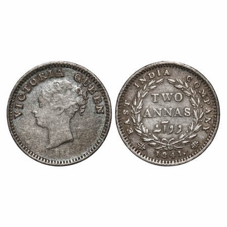 Victoria Queen, Silver, 2 Annas, 1841, CL, Madras Mint, A(a)/I, 'S' incused & 'V' raised, 