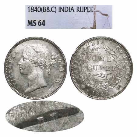 Victoria Queen, Silver, Rupee, 1840, DL, Calcutta Mint, W.W. raised, Wreath with 28 Berrie