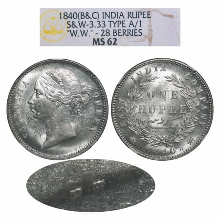 Victoria Queen, Silver, Rupee, 1840, DL, Calcutta Mint, W.W. raised, Wreath with 28 Berrie