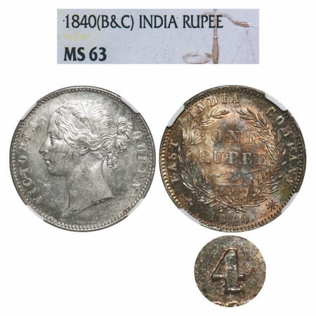 Victoria Queen, Silver, Rupee, 1840, DL, Calcutta Mint, W.W. raised, Wreath with 28 Berrie