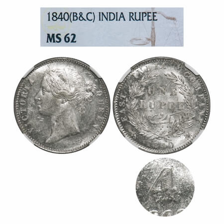 Victoria Queen, Silver, Rupee, 1840, DL, Calcutta Mint, W.W. raised, Wreath with 28 Berrie
