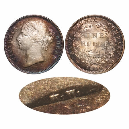 Victoria Queen, Silver, Rupee, 1840, DL, Calcutta Mint, W/W/ raised, Wreath with 28 Berrie