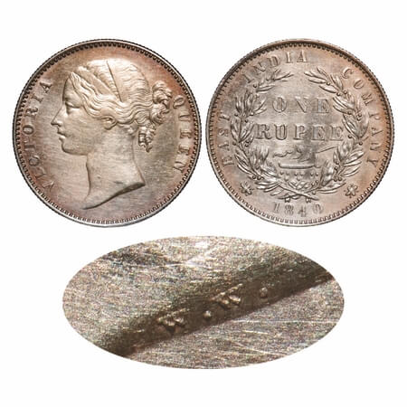 Victoria Queen, Silver, Rupee, 1840, DL, Calcutta Mint, W.W. raised with a hoof covering t