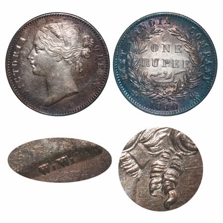 Victoria Queen, Silver, Rupee, 1840, DL, Calcutta Mint, W/W/ raised, Wreath with 28 Berrie