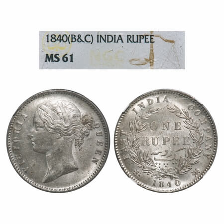 Victoria Queen, Silver, Rupee, 1840, DL, Calcutta Mint, W.W. raised, Wreath with 28 Berrie