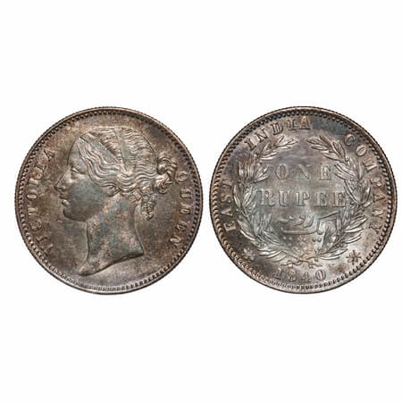 Victoria Queen, Silver, Rupee, 1840, DL, Calcutta Mint, W.W. raised, Wreath with 28 Berrie