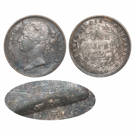 Victoria Queen, Silver, Rupee, 1840, DL, Calcutta Mint, W.W. raised, Wreath with 28 Berrie