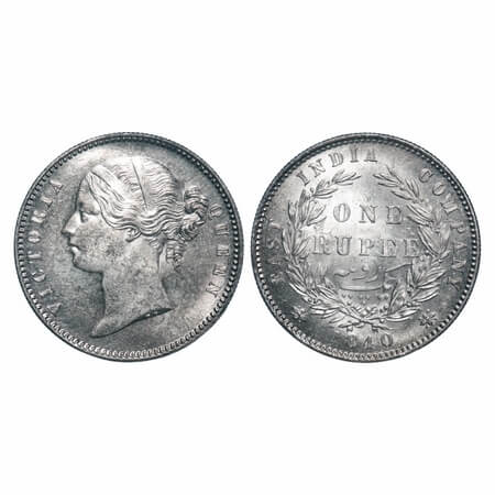Victoria Queen, Silver, Rupee, 1840, DL, Calcutta Mint, W.W. raised, Wreath with 28 Berrie