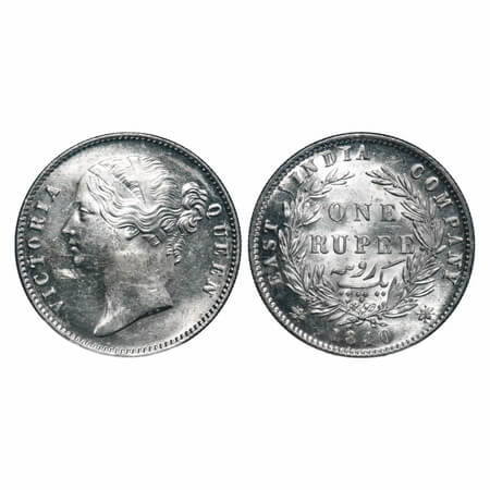 Victoria Queen, Silver, Rupee, 1840, DL, Calcutta Mint, W.W. raised, Wreath with 28 Berrie