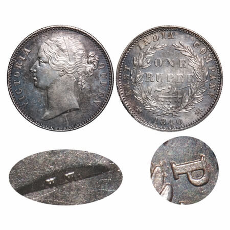 Victoria Queen, Silver, Rupee, 1840, DL, Calcutta Mint, W.W. raised, Wreath with 28 Berrie