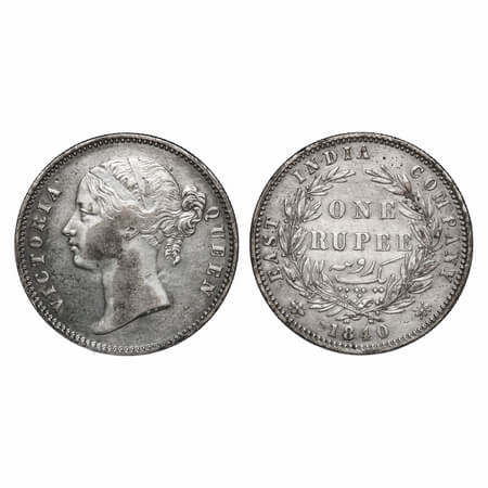Victoria Queen, Silver, Rupee, 1840, DL, Calcutta Mint, W.W. raised, Wreath with 28 Berrie