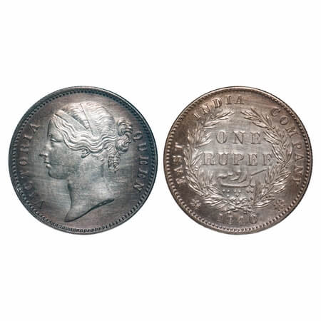 Victoria Queen, Silver, Rupee, 1840, DL, Calcutta Mint, W.W. raised, Wreath with 28 Berrie