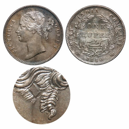 Victoria Queen, Silver, Rupee, 1840, DL, Calcutta Mint, W.W. raised, Wreath with 28 Berrie