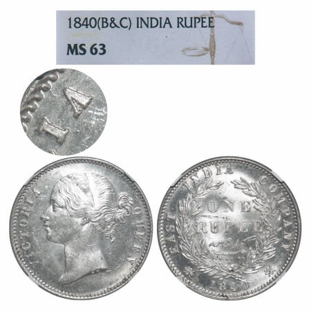 Victoria Queen, Silver, Rupee, 1840, DL, Calcutta Mint, W.W. raised, Wreath with 28 Berrie