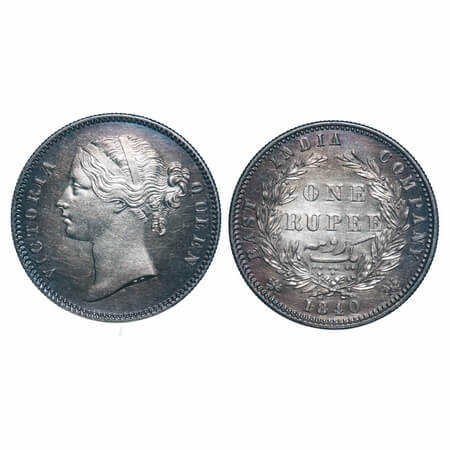 Victoria Queen, Silver, Rupee, 1840, DL, Calcutta Mint, W.W. raised, Wreath with 28 Berrie
