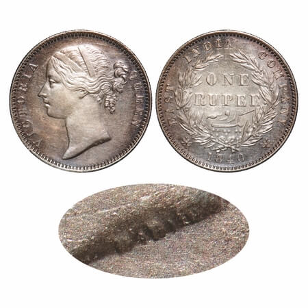 Victoria Queen, Silver, Rupee, 1840, DL, Madras Mint, W/W/ 'R' raised, Wreath with 28 Berr