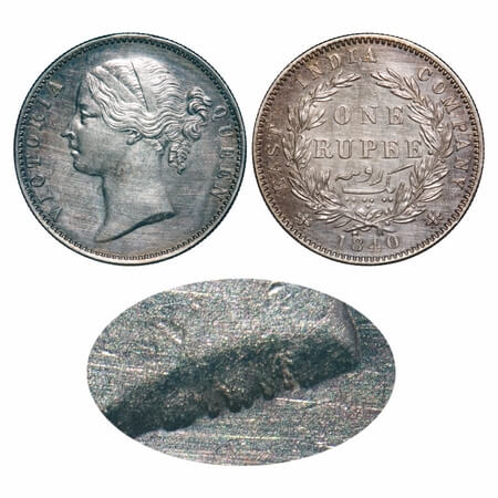 Victoria Queen, Silver, Rupee, 1840, DL, Madras Mint, W/W/ 'R' raised, Wreath with 28 Berr